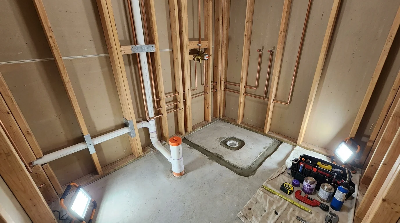 Bathroom rough-in plumbing during remodel by Johns Plumbing LLC in Deatsville
