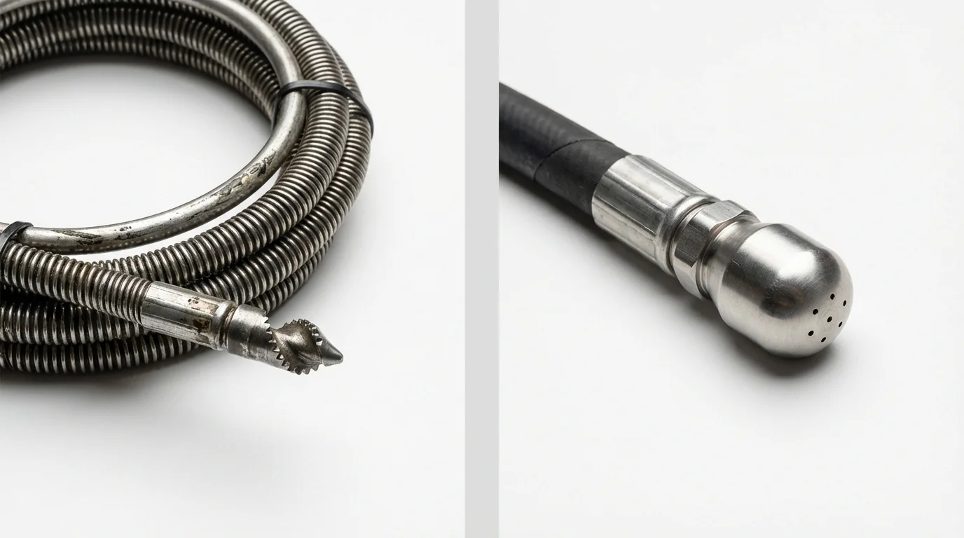 Drain snake cable and hydro jetting nozzle used for drain cleaning in Deatsville, AL