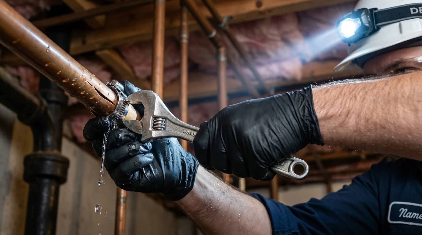 Emergency pipe clamp repair being performed by a Johns Plumbing LLC plumber in Deatsville