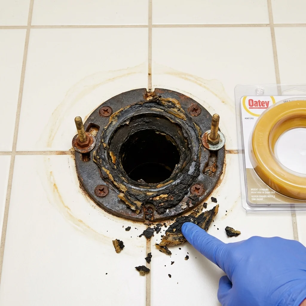 Failed wax ring showing water seepage at the base of a toilet in a Deatsville, AL home