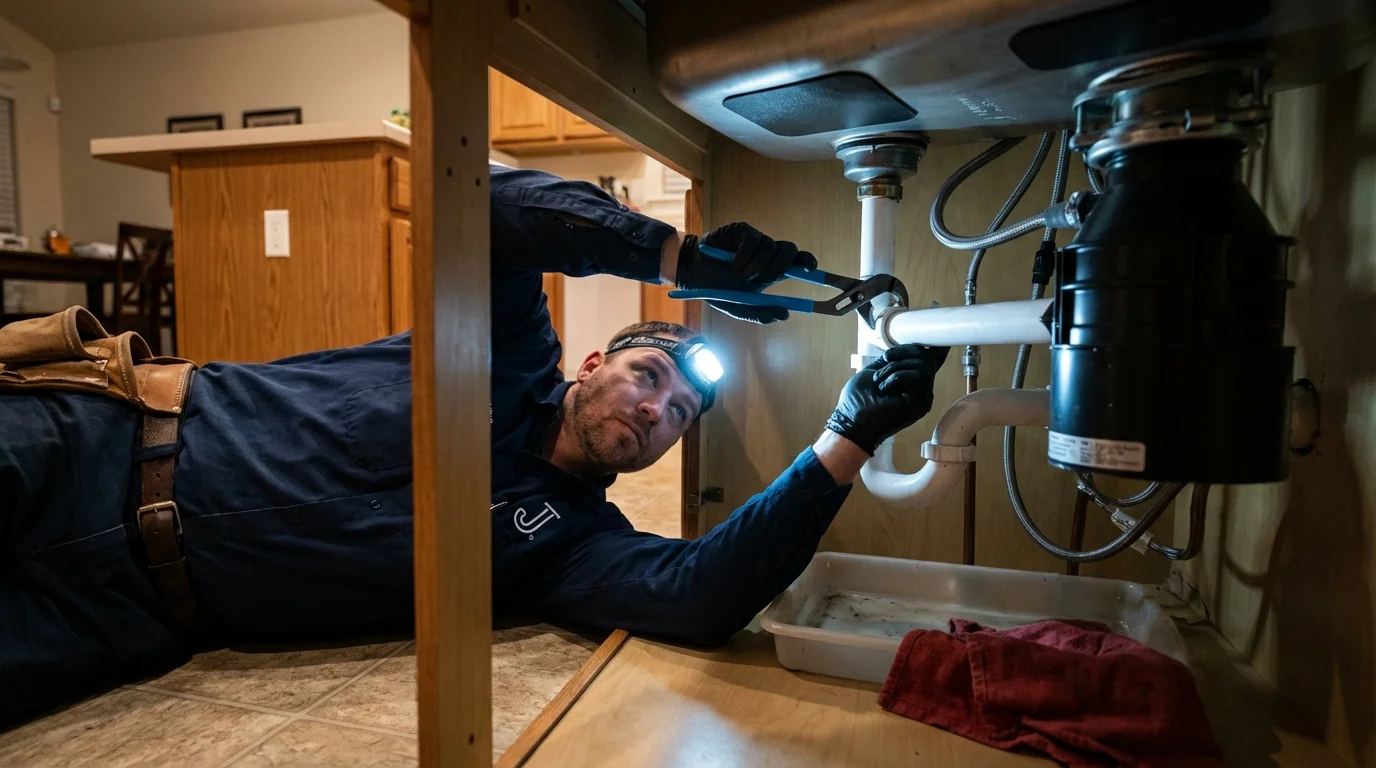 P-trap and supply line connections under a kitchen sink showing a common leak point in Deatsville, AL